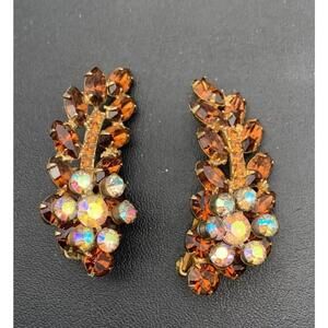 Vintage Gold Tone Topaz & AB  Rhinestone Statement Ear Climber Clip On Earrings